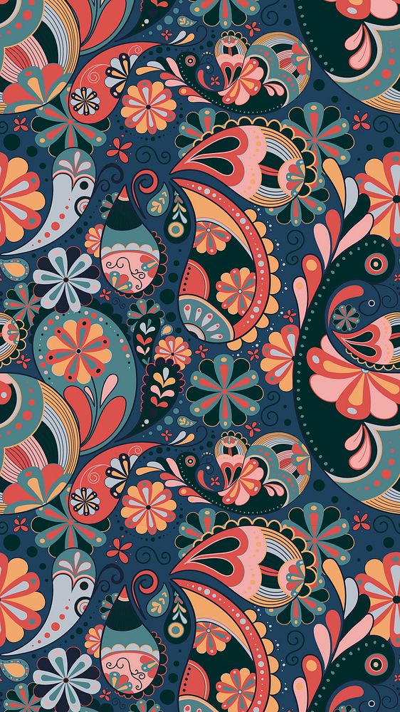 Retro paisley mobile wallpaper, aesthetic floral pattern