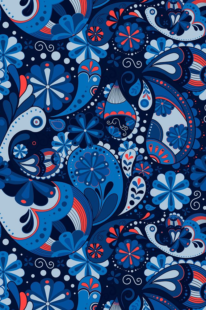 Blue paisley pattern background, Indian floral art vector