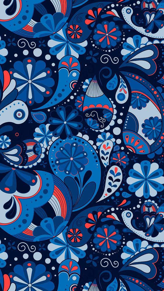 Blue paisley pattern phone wallpaper, Indian floral art