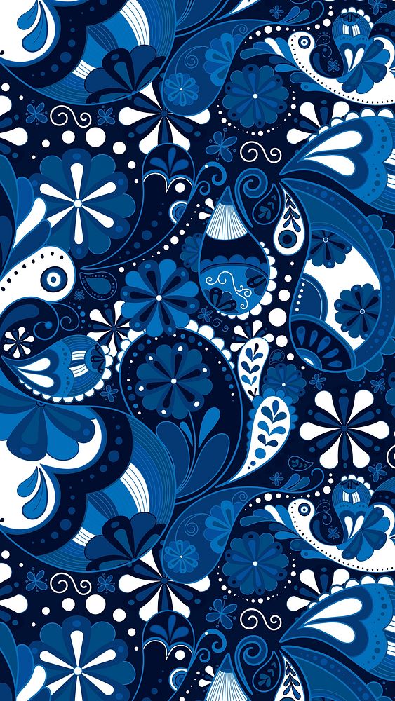 Blue paisley pattern phone wallpaper, Indian floral art vector