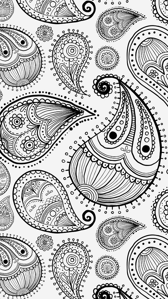 Paisley zentangle iPhone wallpaper, abstract pattern background in black and white