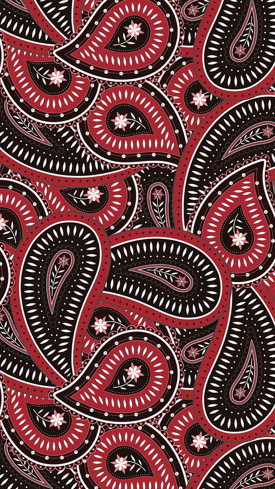Abstract paisley mobile wallpaper, Indian pattern in red and black