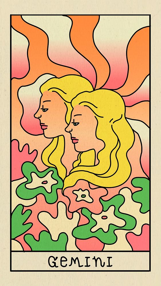 Gemini mobile phone wallpaper, feminine zodiac illustration psd