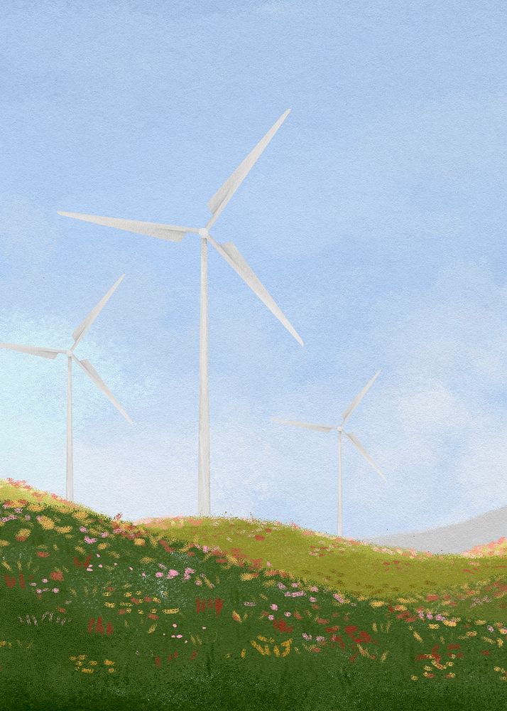 Wind farm landscape background, watercolor illustration