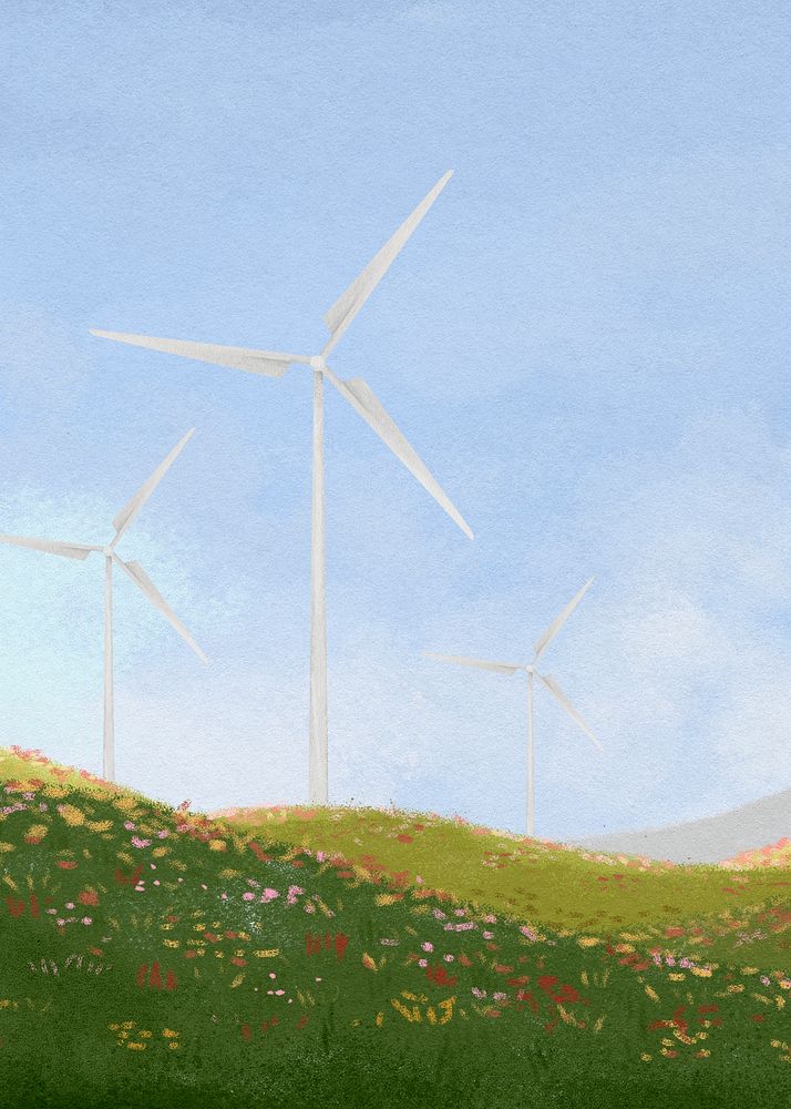 Wind farm landscape background, watercolor illustration psd