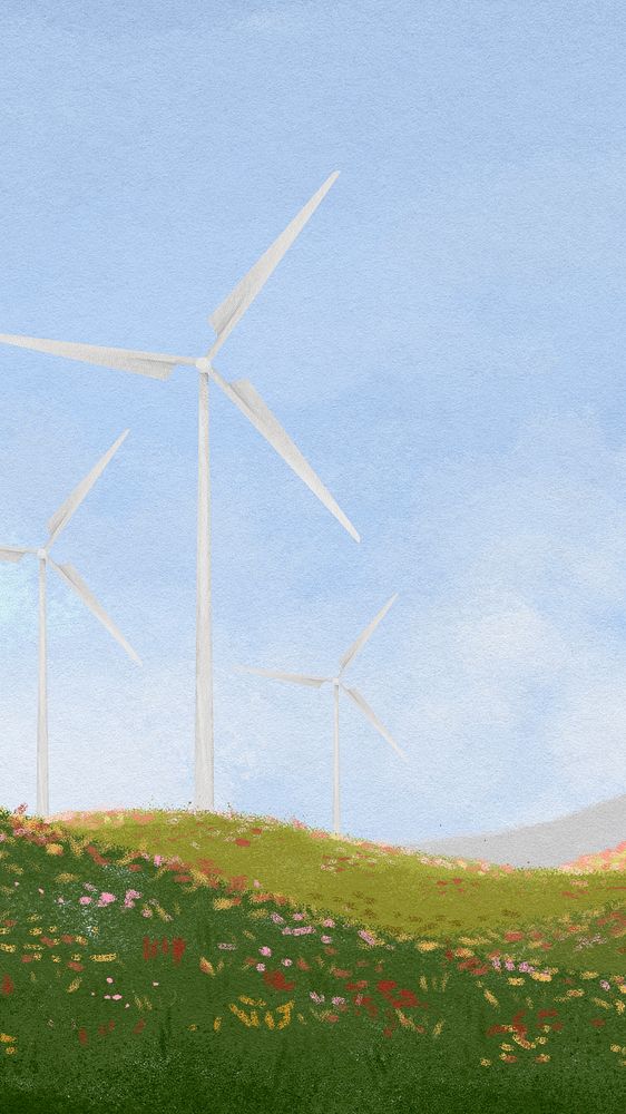 Wind farm landscape iPhone wallpaper, watercolor illustration