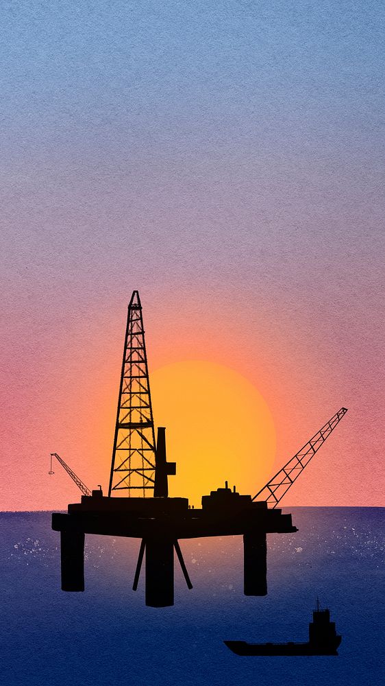 Oil rig sunset iPhone wallpaper, watercolor, high resolution background
