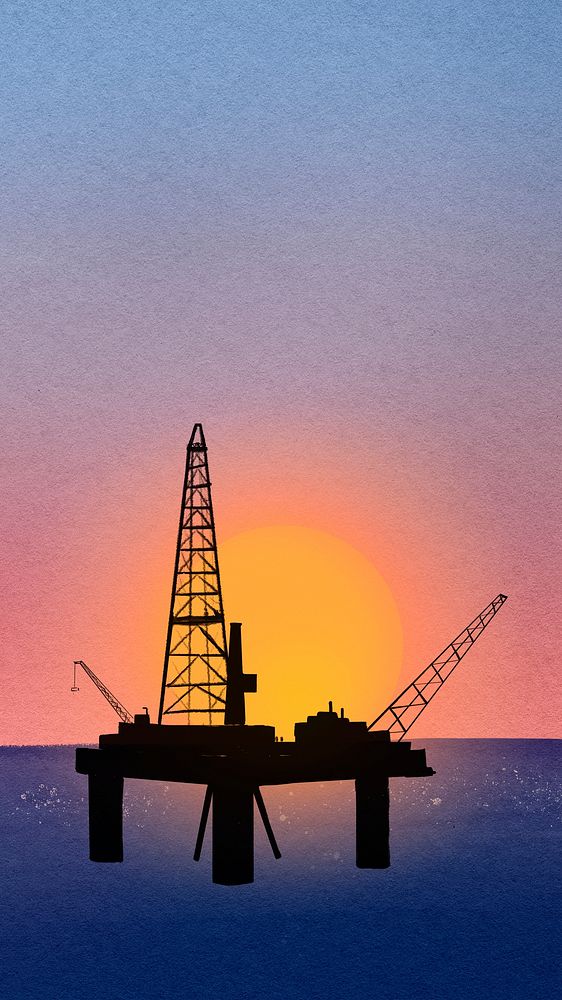 Oil rig sunset iPhone wallpaper, watercolor, high resolution background psd