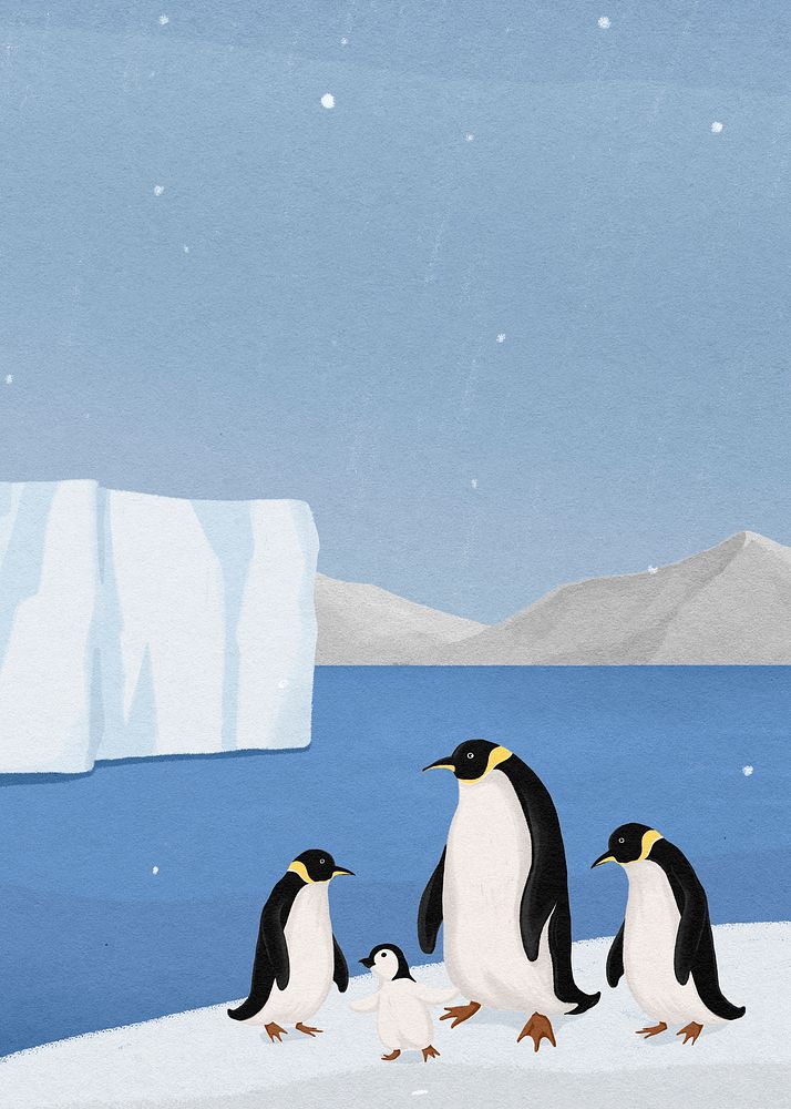 North pole penguins background, environment illustration psd