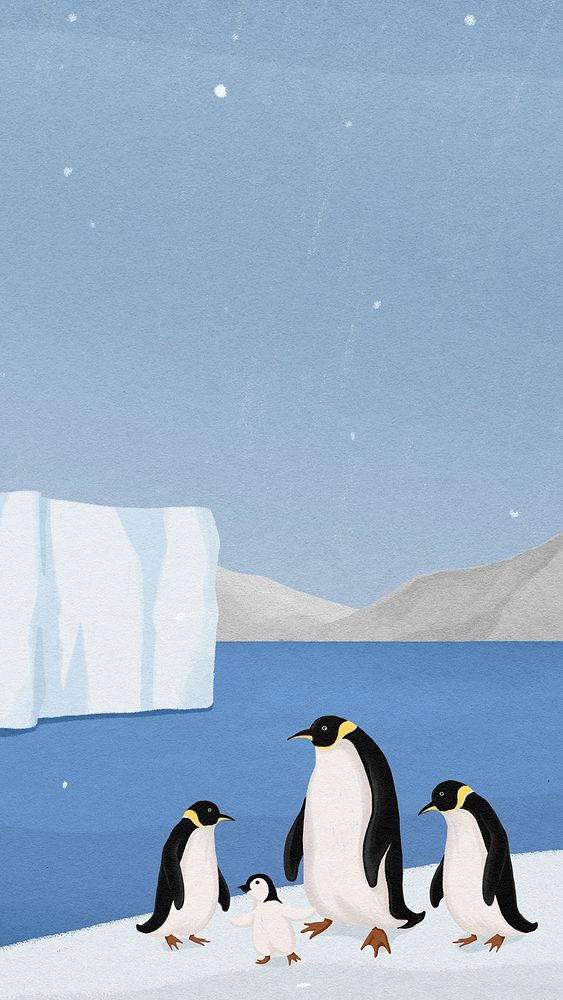Winter penguins phone wallpaper, aesthetic HD background
