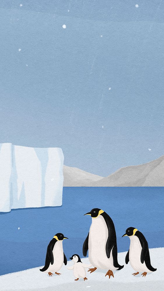 Winter penguins iPhone wallpaper, aesthetic HD background psd