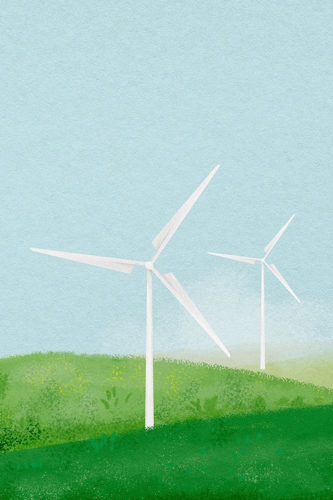 Wind farm background, watercolor landscape illustration