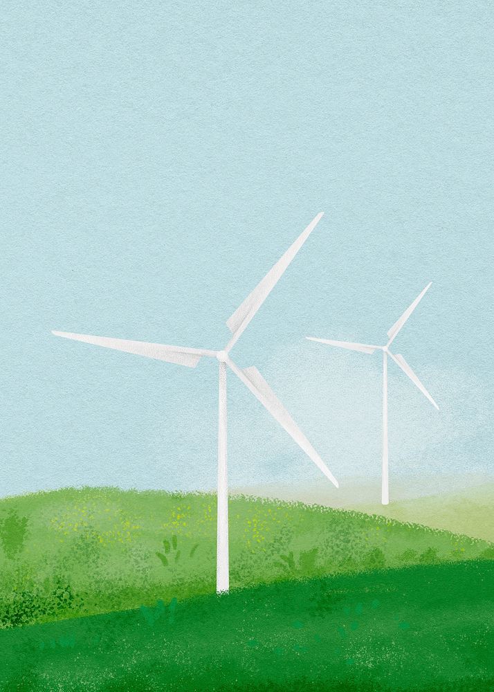 Wind farm background, watercolor landscape illustration