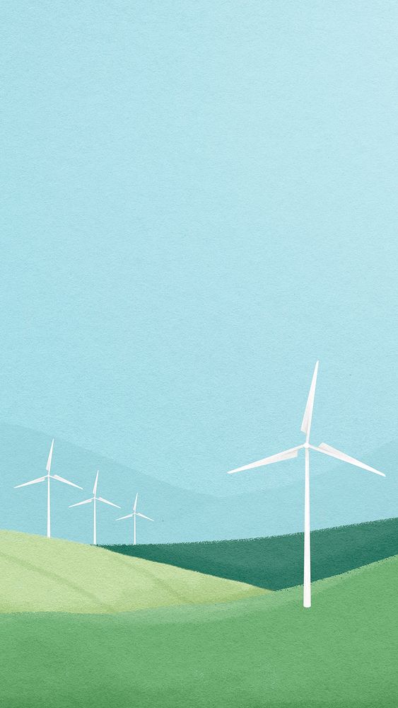 Wind farm phone wallpaper, watercolor landscape, high resolution background