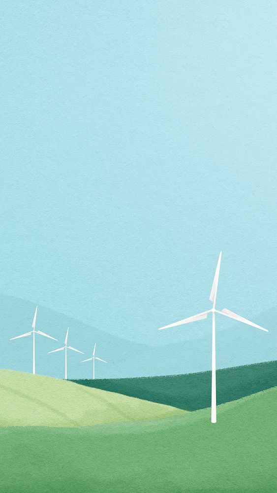 Wind farm phone wallpaper, watercolor landscape, high resolution background psd