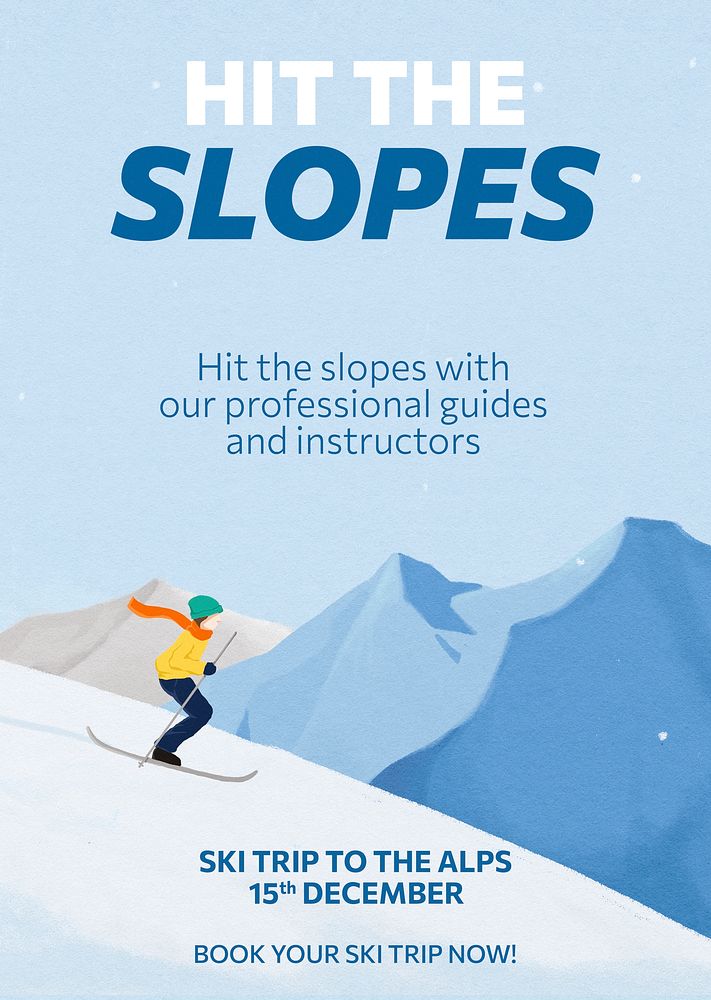 Winter skiing poster template, travel agency ad psd
