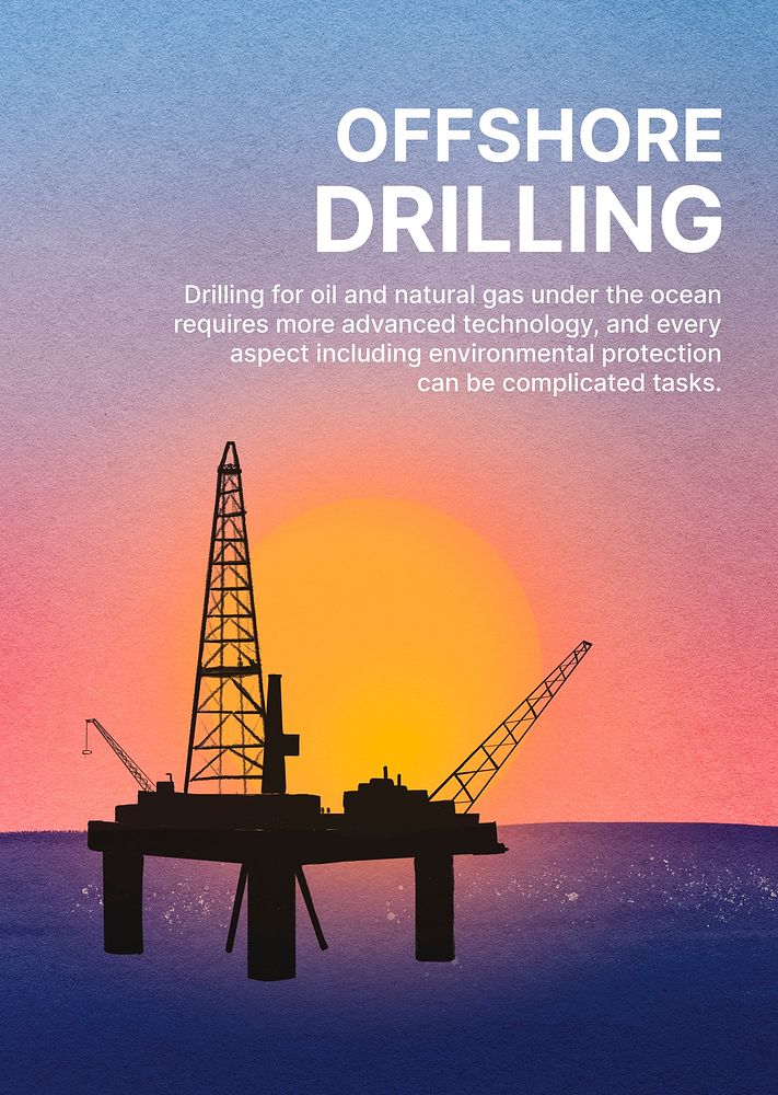 Offshore drilling poster template, oil rig sunset psd