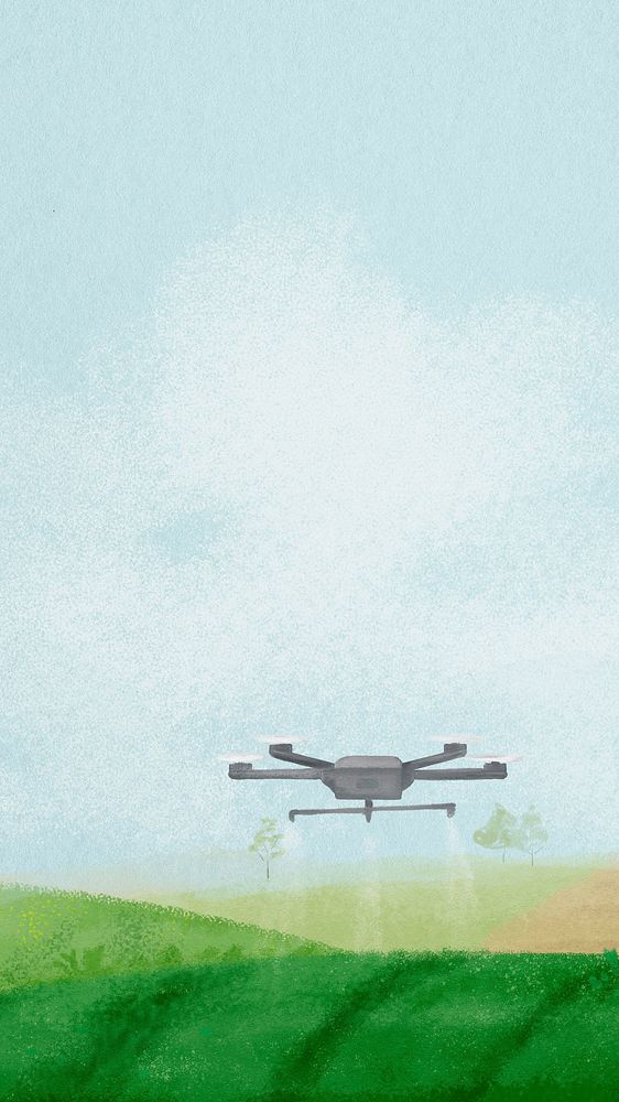 Smart farming mobile wallpaper, watering drone, landscape background