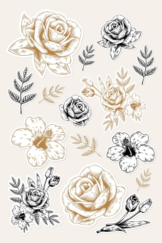 Gold and white flower sticker with a white border vector set