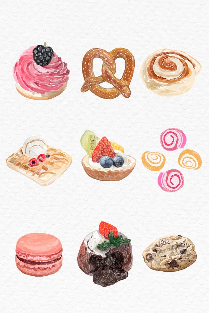 Pastry desserts vector watercolor drawing set