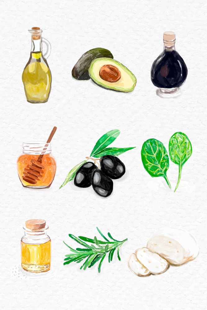 Watercolor food ingredients psd hand drawn collection