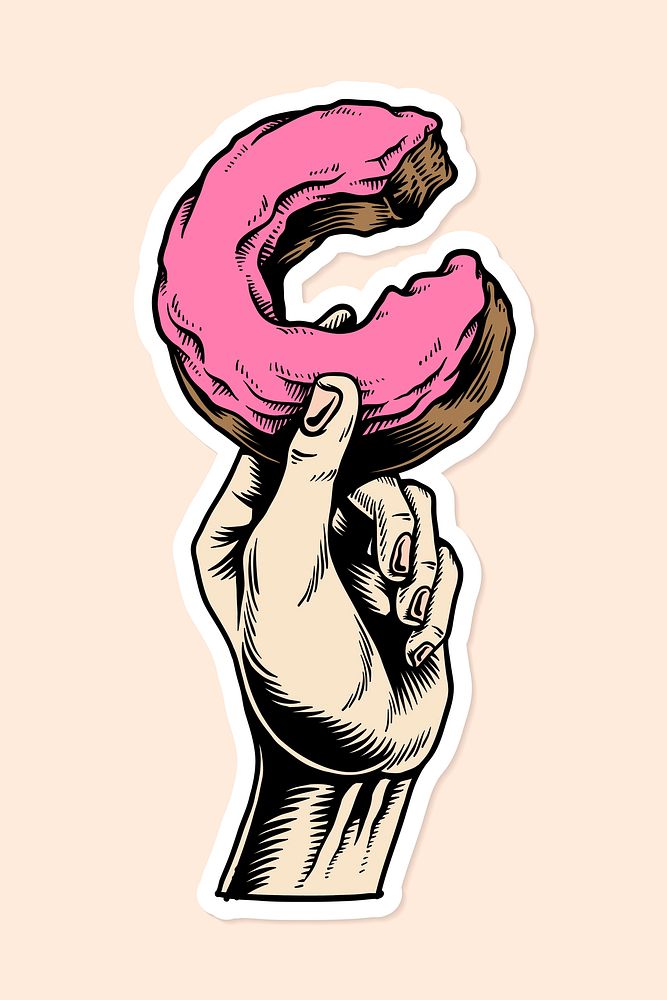 Hand holding a pink glazed bitten donut sticker design resource vector 