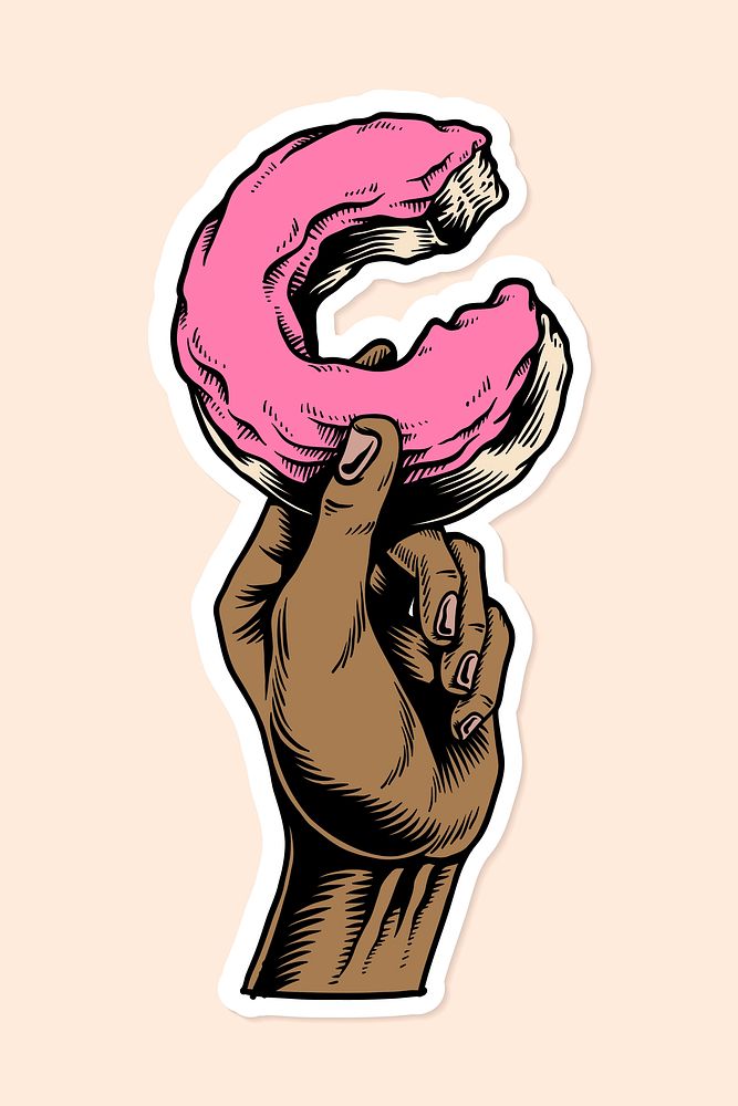 Hand holding a pink glazed bitten donut sticker design resource vector 