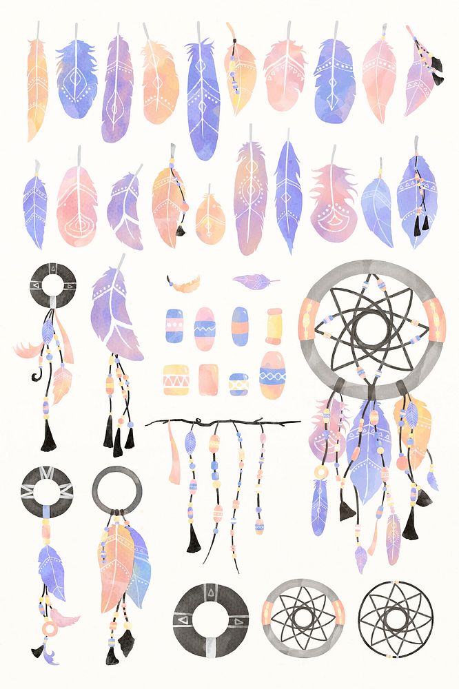 Watercolor boho psd feather and dreamcatcher collection