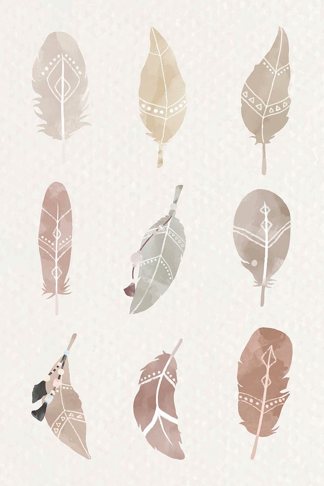 Watercolor feather Bohemian style vector set
