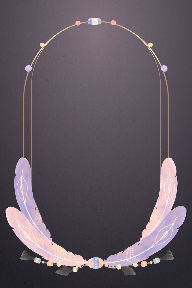 Gold oval frame pastel purple Boho feather