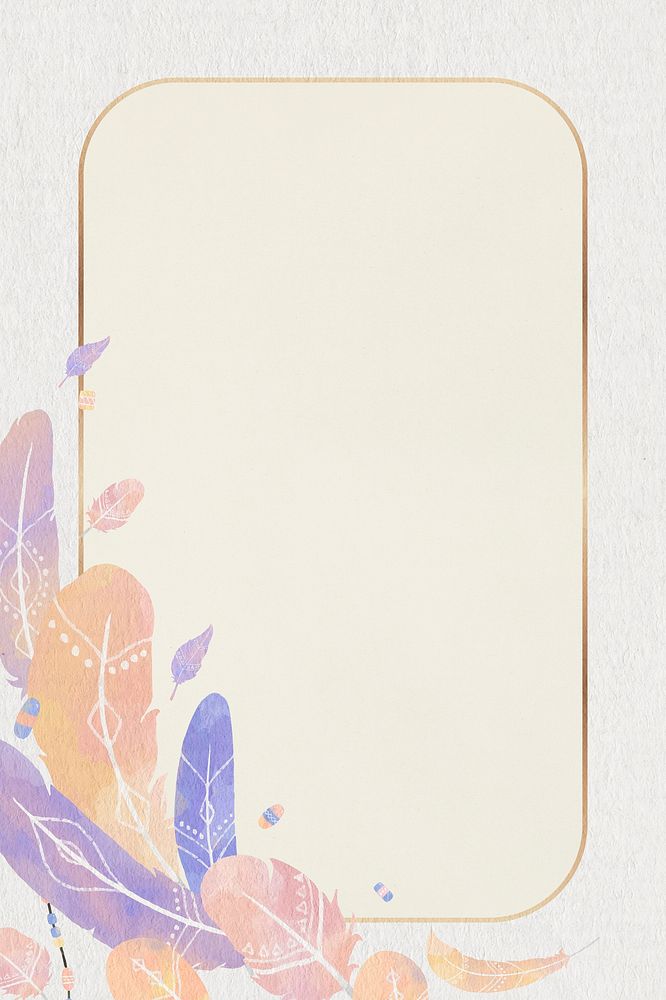 Gold rectangular frame pastel purple Boho feather
