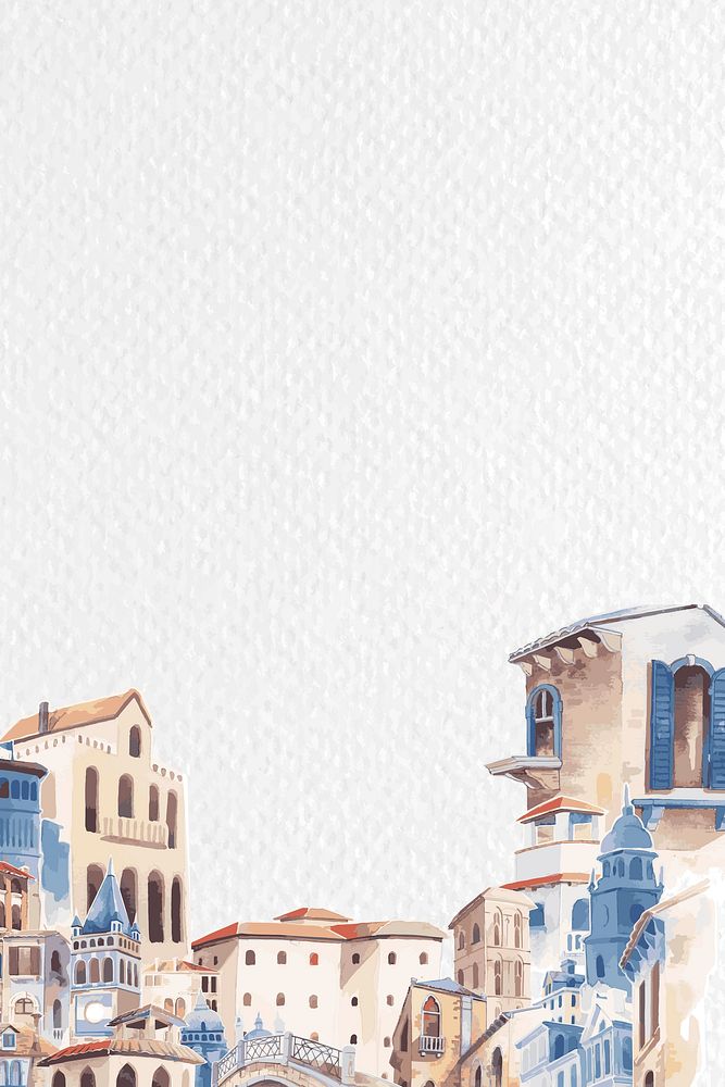 Mediterranean buildings border in watercolor on paper textured background