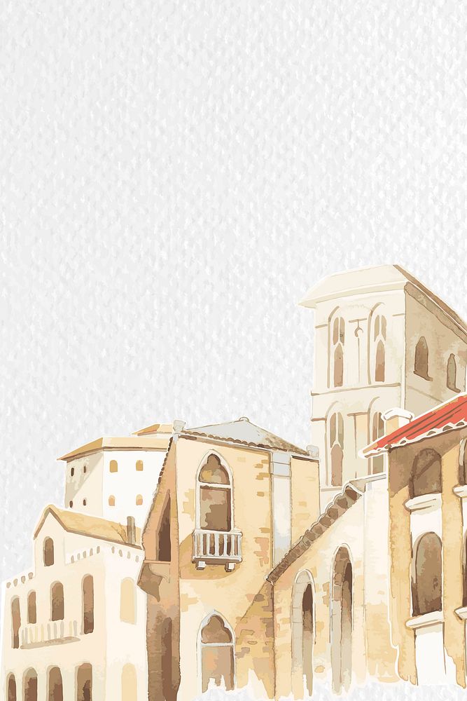 Border vector with architectural Mediterranean buildings in watercolor on white paper textured background
