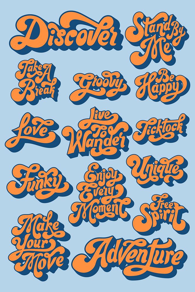Orange funky bold vintage lettering sticker set on a blue background vector