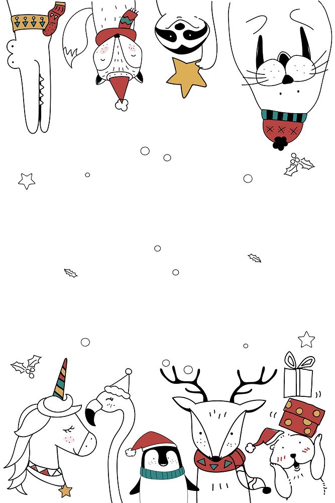 Cute vector animal cartoon snowy Xmas greeting card background