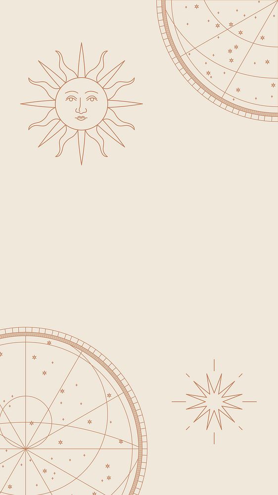 Antique sun with face and astrological star map beige background