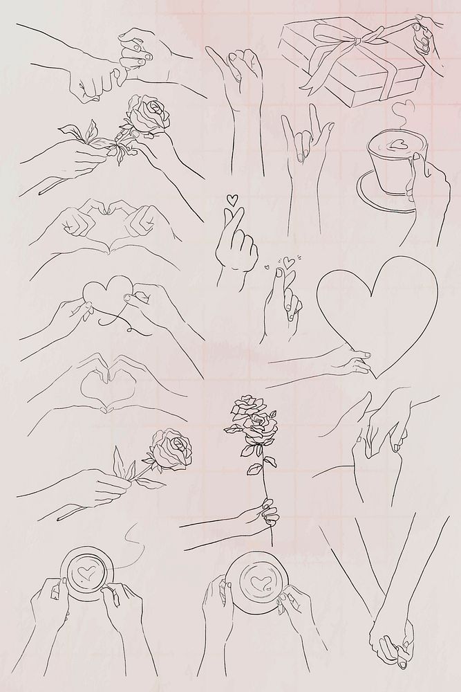 Valentine&rsquo;s and love hand gestures vector grayscale sketch set