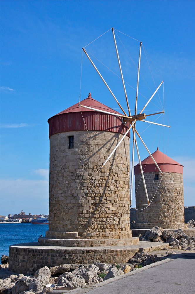 Windmills in Rhodes. Greece. Original public domain image from Wikimedia Commons