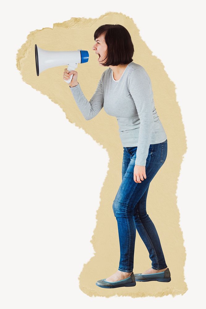 Woman shouting, people activity concept, ripped paper design