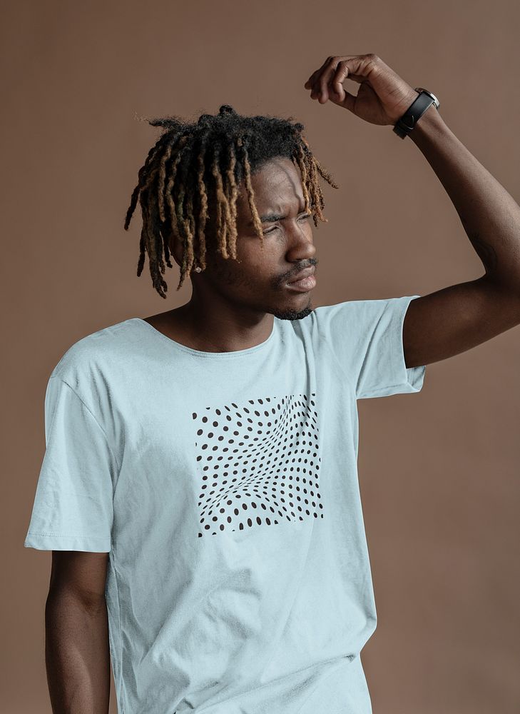 T-shirt editable mockup, African American man,  fashion design psd