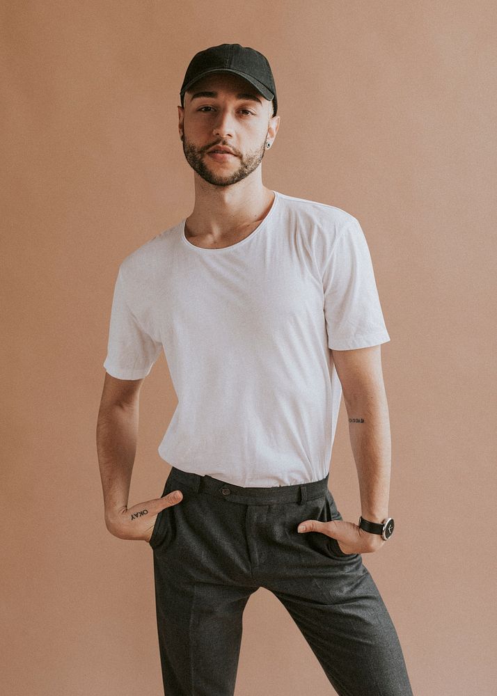 Bearded man in a white tee