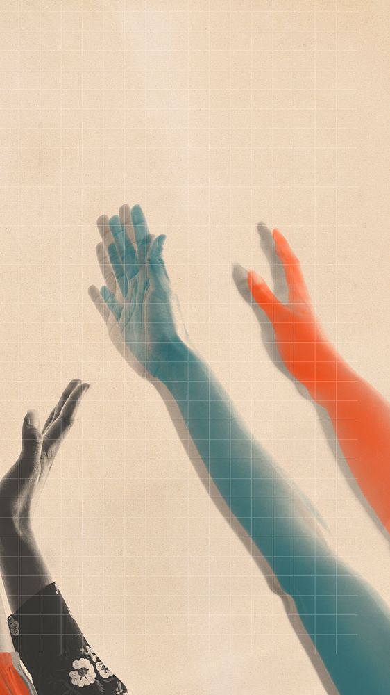 Arms raising colorful teamwork on beige grid remix background