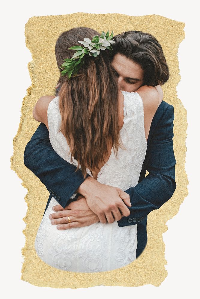Bride hugging groom, ripped paper collage element
