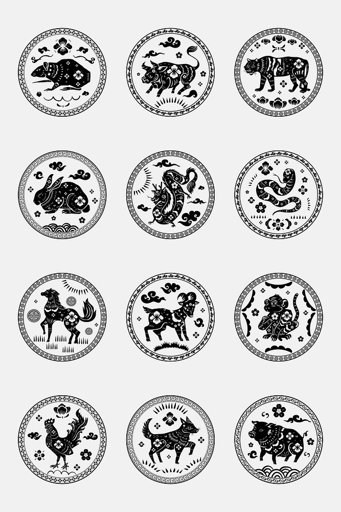 Chinese horoscope animals badges psd black new year design element collection