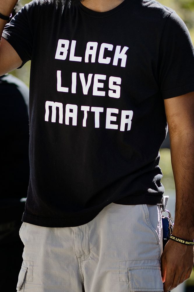 Man wearing a black lives matter t-shirt at a Black Lives Matter protest outside the Hall of Justice in Downtown Los…