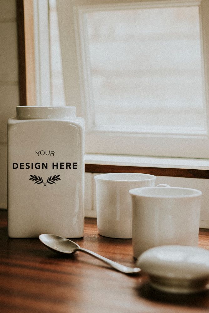 Coffee porcelain jar mockup on kitchen counter psd