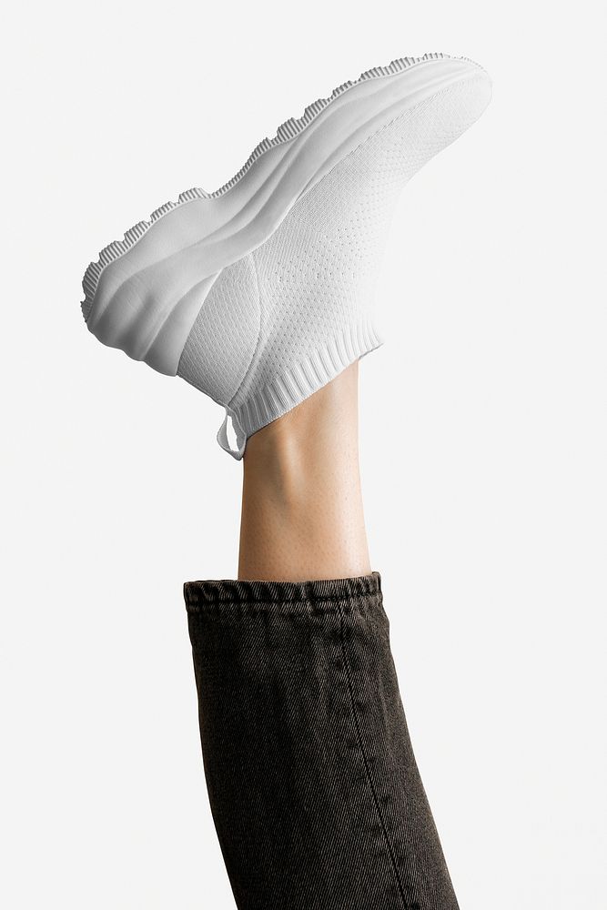 Model wearing white sneakers mockup closeup