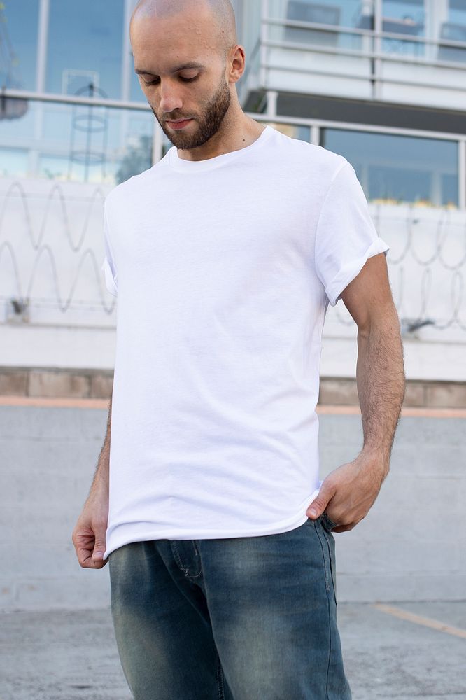 Basic white t-shirt men&rsquo;s fashion apparel outdoor shoot