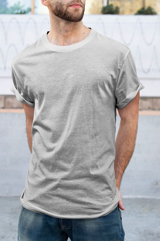 Minimal gray t-shirt mockup psd men&rsquo;s fashion apparel outdoor shoot