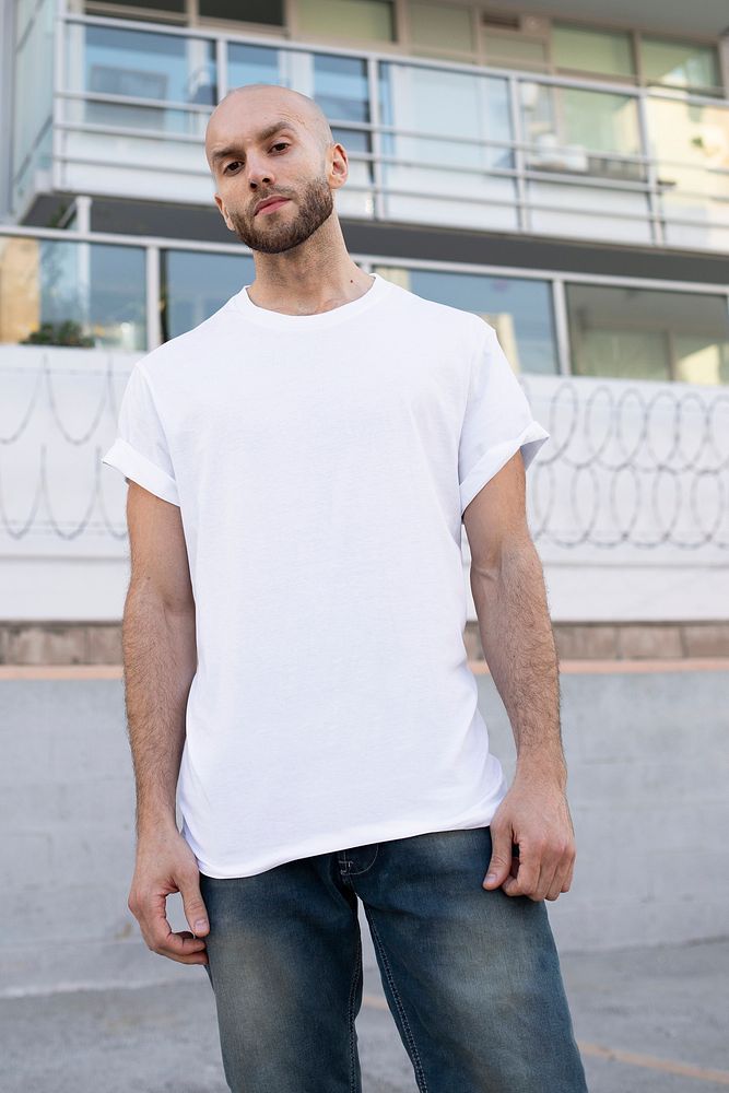 Basic white t-shirt mockup psd men&rsquo;s fashion apparel outdoor shoot
